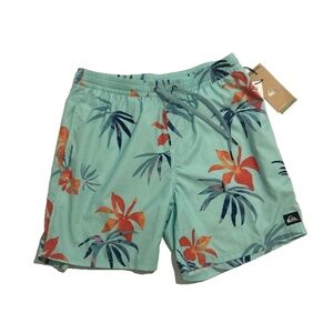 Quiksilver Men's Mix Volley Palm Trees Teal Swim Trunk Shorts Size Medium NEW‎